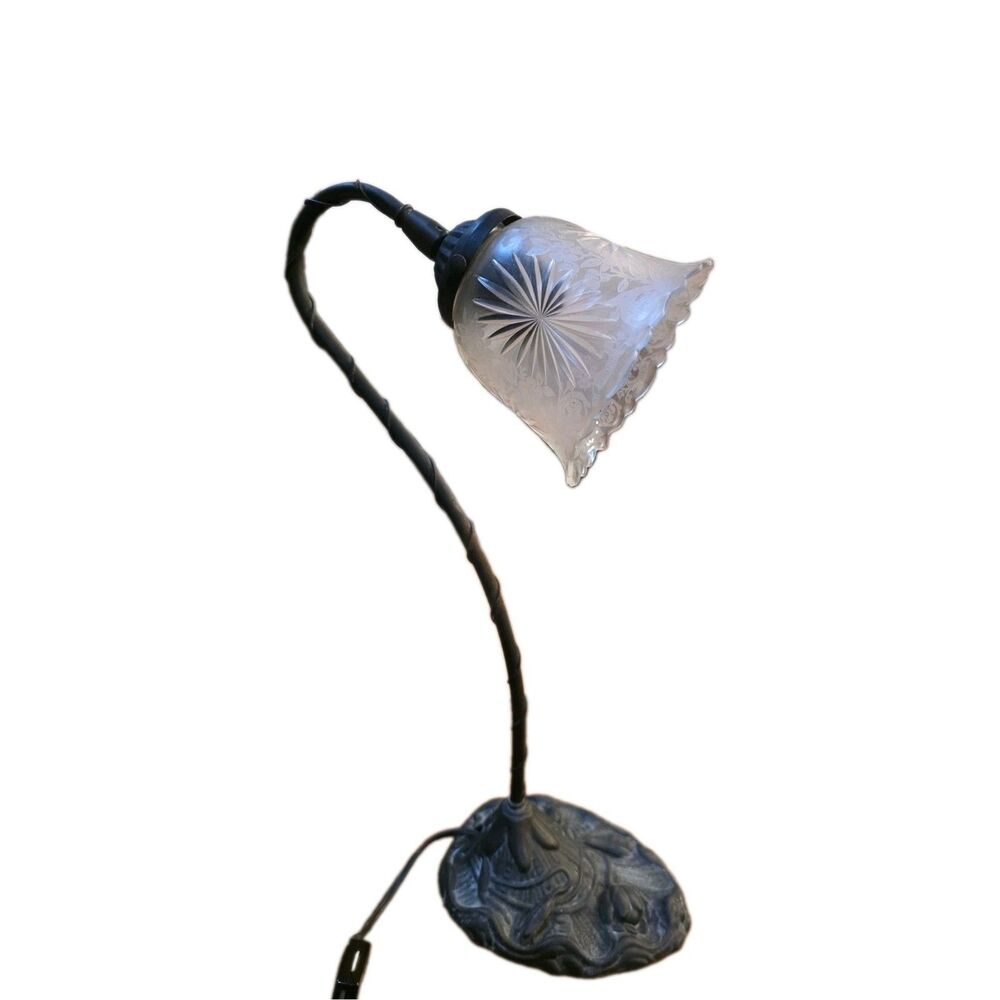 1920s Origional "Lily Pad" Gooseneck Lamp Etched Glass Shade MCM